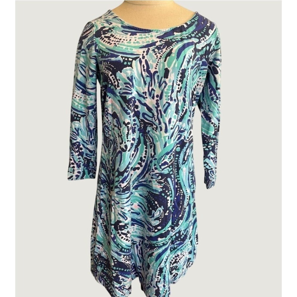 Lilly Pulitzer Blue Green Abstract Swirl 3/4 Sleeve French Terry Dress Medium